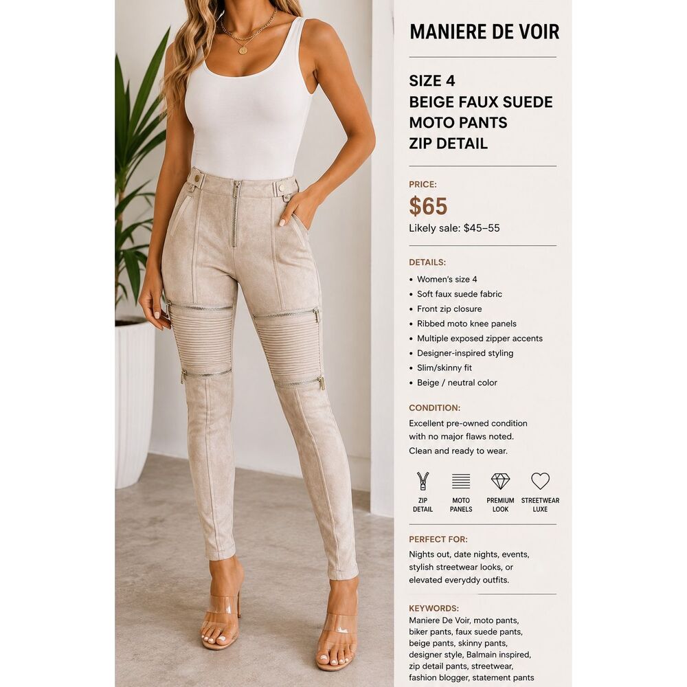 Maniere De Voir Size 4 Beige Faux Suede Moto Pants Zip Detail Biker Skinny Trous
